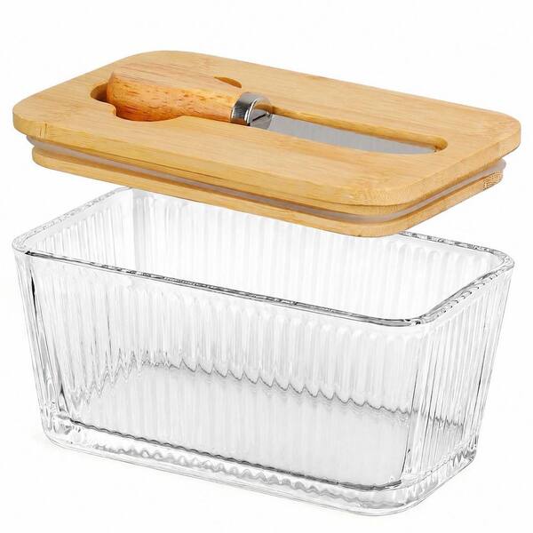 Glass Butter Dish with Bamboo Lid and Spreader Knife, Airtight Seal, 6.5 x 3.7 x 3.1 Inch, Dishwasher