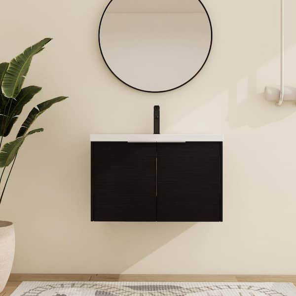 ARTCHIRLY 29.5 in. W x 18.1 in. D x 19.3 in. H Wall-Mounted Bath Vanity in Black Chestnut with White Resin Vanity Top