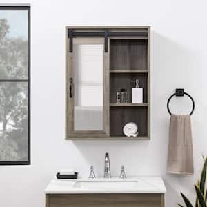 Grey Wash Wood Farmhouse Wall Storage Cabinet with Sliding Mirror Door