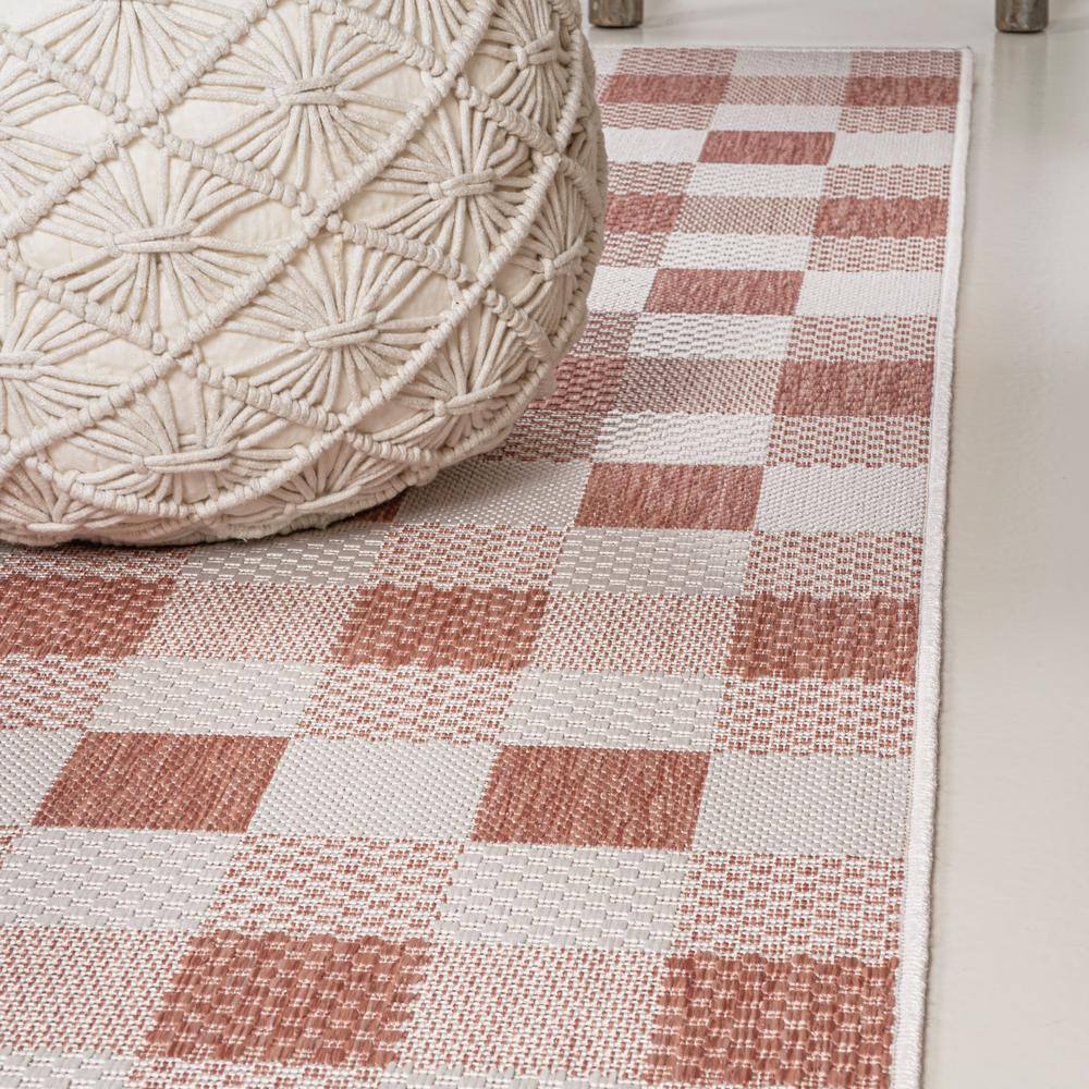 Darcy Salmon and Cream Geometric Gingham 2 x 8 Runner Rug