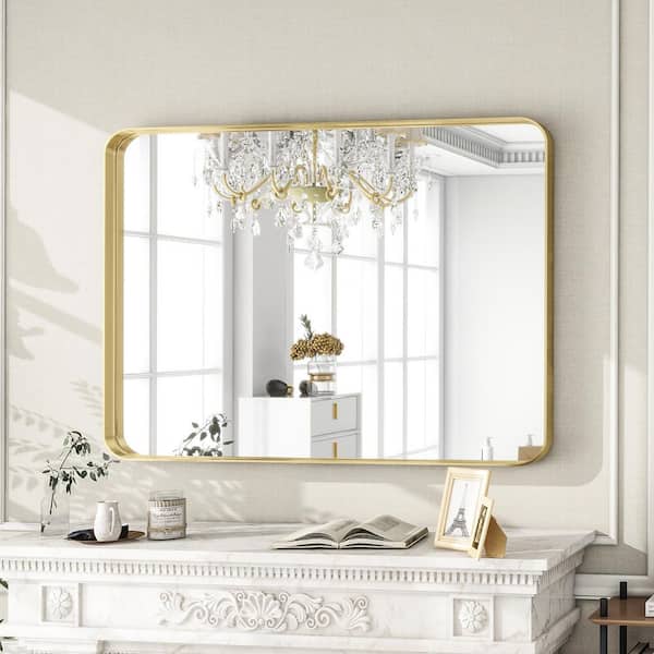 XRAMFY Gold 30 in. W x 39.2 in. H Rectangle Bathroom Vanity Wall Mirror With Round Corners Metal Deep Framed Mirror