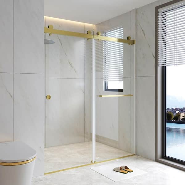 WYonder 59 in. W x 72 in. H Sliding Frameless Shower Door in Brushed Gold with 5/16 in. (8 mm) Clear Glass