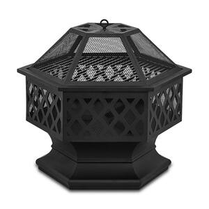 24 in. x 8.25 in. Outdoor Hex-Shaped Patio Firebowl Portable Wood Fire Pit with Spark Screen Cover, Poker, and Grill