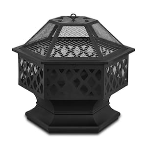 24 in. x 8.25 in. Outdoor Hex-Shaped Patio Firebowl Portable Wood Fire Pit with Spark Screen Cover, Poker and Grill