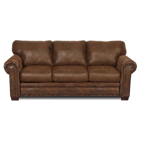 American Furniture Classics Buckskin 88 in. Round Arm 3-Seater Nailhead Trim Sofa in Brown Pinto