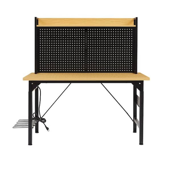 24 in. W Adjustable Workbench, Heavy Duty Wood Desktop Workbench with Wheels, Rolling Workbench with USB Outlet, Hooks