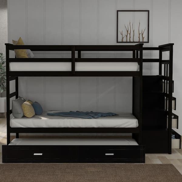 Qualfurn Shyann Espresso Twin Over, Twin Over Queen Bunk Bed With Stairs And Trundle