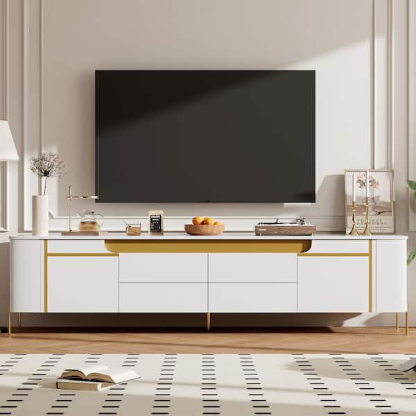 Harper Bright Designs Minimalist and Stylish White TV Stand Fits TVs Up to 80 in. with 4 Drawers 2 Cabinets 5 Metal Legs for Living room WC055AAK