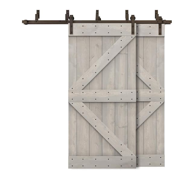 CALHOME 56 in. x 84 in. K-Bypass Silver Gray Stained DIY Solid Wood Interior Double Sliding Barn Door with Hardware Kit