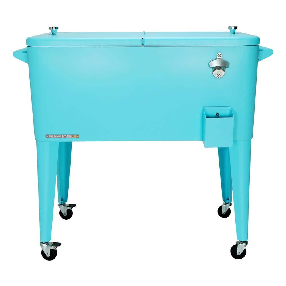 Permasteel 80-Qt Classic Outdoor Steel Patio Cooler on Wheels  Beverage Rolling Cart  Turquoise