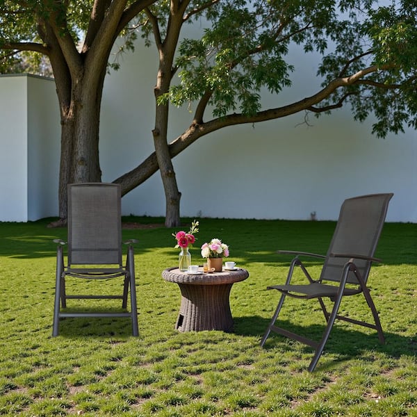 2-Piece Aluminium Outdoor Recliner with Textilene Fabric, Adjustable Folding High Back Patio Chairs, Dark Brown