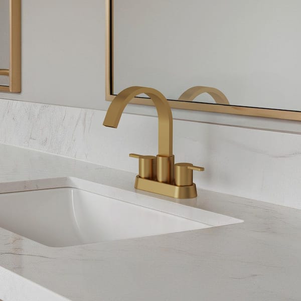 4 in. Waterfall Centerset Double-Handle Bathroom Sink Faucet Drain Included in Brushed Gold