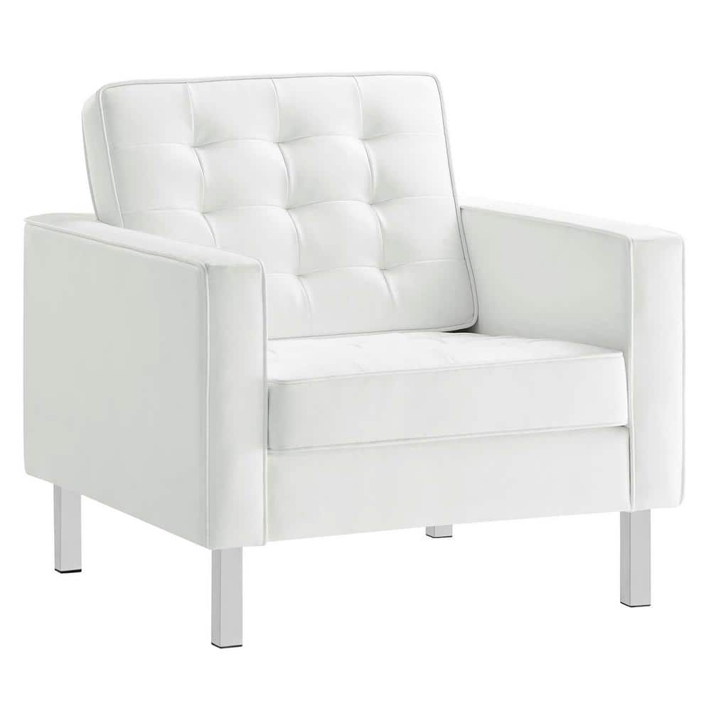 Silver White Faux Leather Accent Chair with Metal Frame