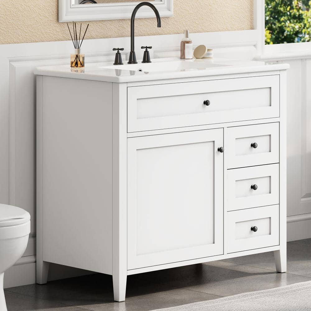 36 in. Single Sink White Freestanding Bath Vanity with White Ceramic Top, 4 Drawers and Functional Top Drawer price history on PriceWatchPro