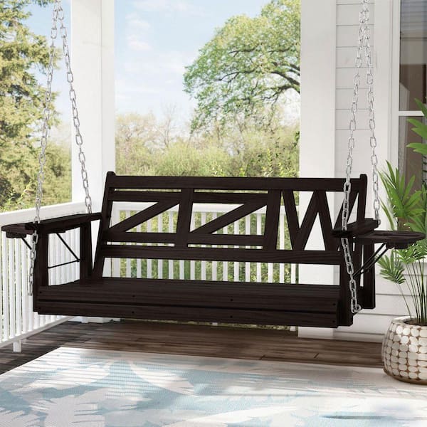 JUJABU 2-Person Dark Brown Wood Outdoor Porch Swing with Hanging