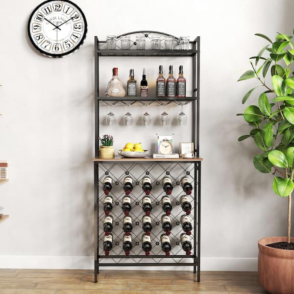Tileon 3-Tier Industrial Wine Rack Bar Table, Liquor Bottle and Glass Holder with Storage Shelves, Metal Wine Organizer-Black