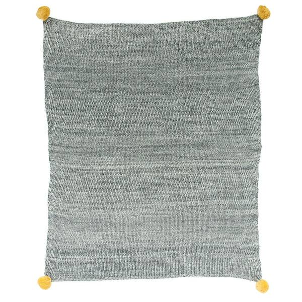 3R Studios Grey Cotton Knit with Pom Poms Baby Blanket