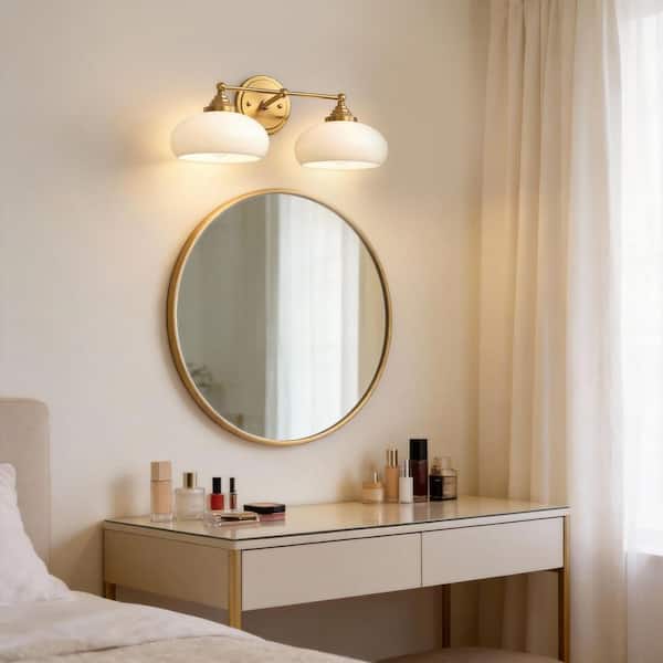 18 in. 2-Light Gold Vintage Vanity Light, Double Arm Wall Sconce with Milk White Glass Shade for Bathroom Living Room