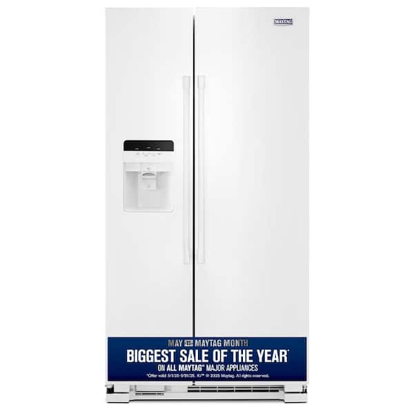 Maytag 25 cu. ft. Side by Side Refrigerator in White with Exterior Ice and Water Dispenser