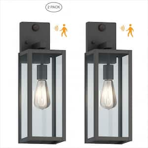 19 in. Matte Black Motion Sensor Outdoor Hardwired Wall Lantern Sconce (2-Pack)