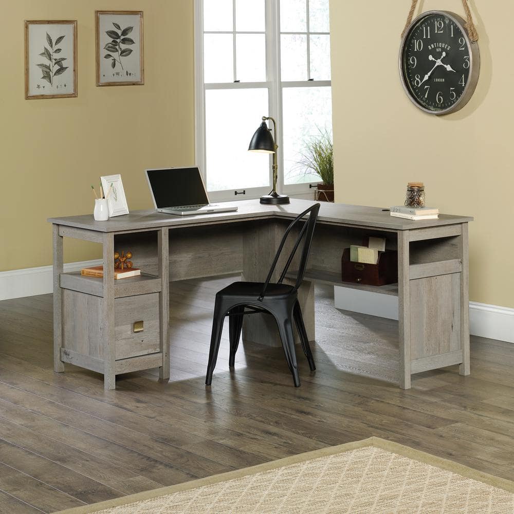 Mystic Oak L-Shaped Writing Desk with Drawer and Filing Cabinet