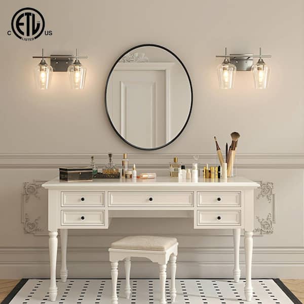 2-Light Brushed Nickel Wall Sconce Vanity Lights with Glass Shade