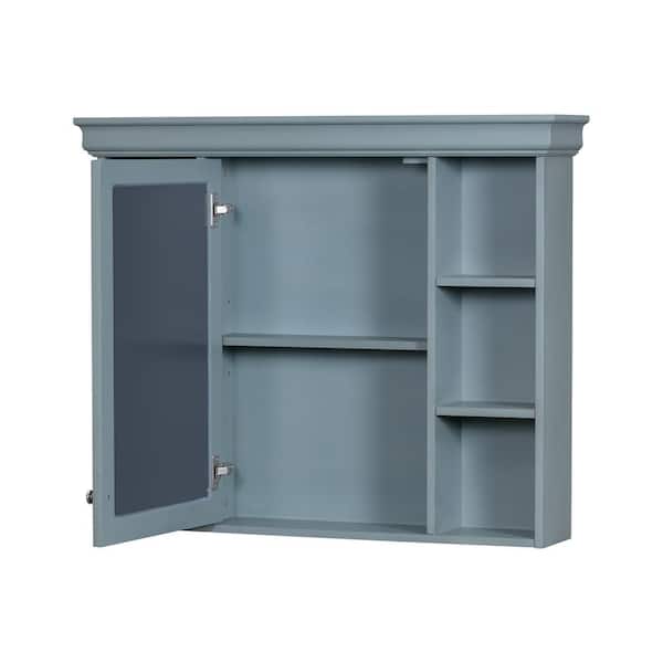 cadeninc 35.51 in. W x 5.9 in. D x 28.74 in. H  Wall Mounted Bathroom Storage Cabinet in Blue with Mirror and 6 Open Shelves
