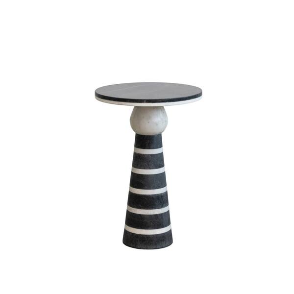Storied Home 14 in. Black and White Round Marble End Table