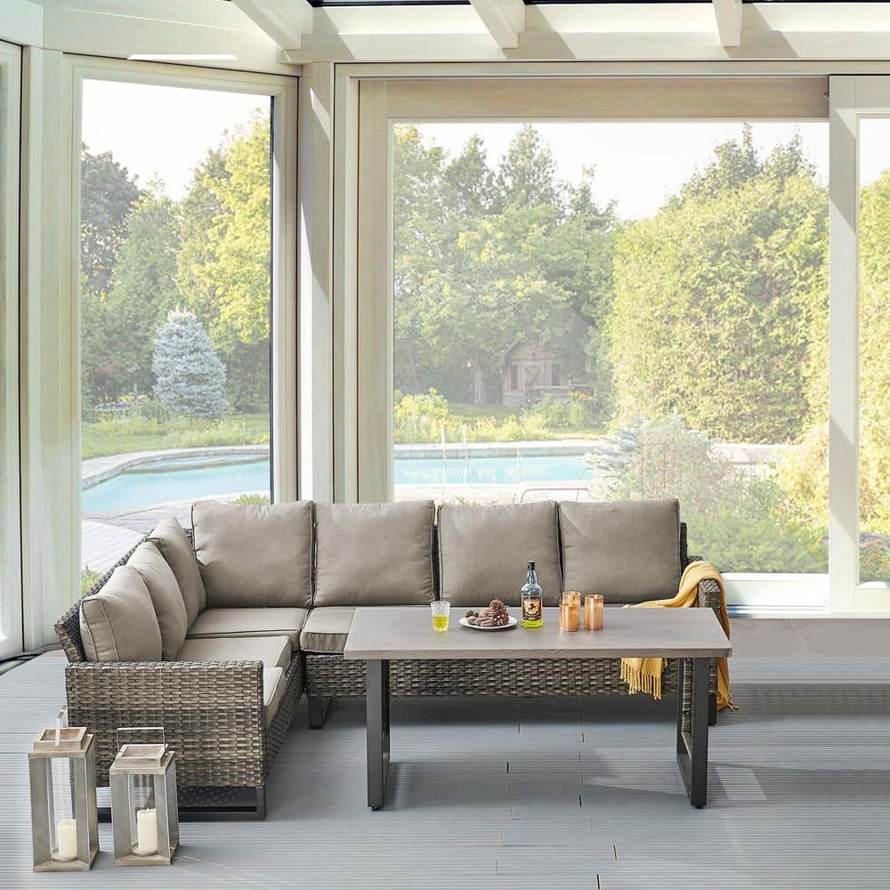 4-Piece Gray Wicker Patio Conversation Set with Olefin Gray Cushions and Sectionsal Sofa/ Metal Coffee Table price history on PriceWatchPro