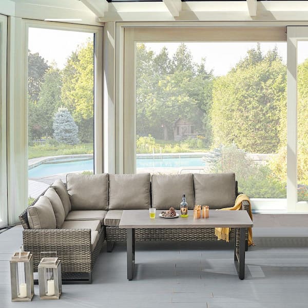 4-Piece Gray Wicker Patio Conversation Set with Olefin Gray Cushions and Sectional Sofa/ Metal Coffee Table
