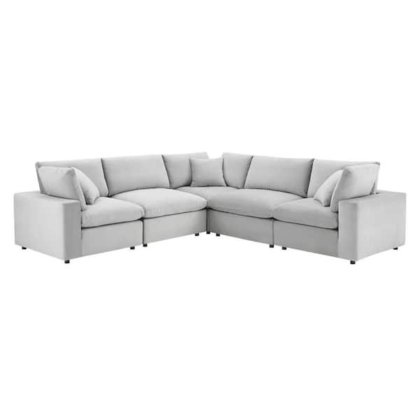 MODWAY Commix 119 in. 5-Piece Light Gray Down Filled Overstuffed Performance Velvet Sectional Sofa