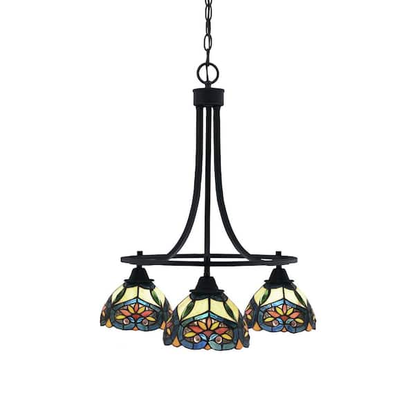 Unbranded Madison 3-Light Matte Black Round Chandelier with 7 in. Pavo Art Glass Shades, No bulbs included