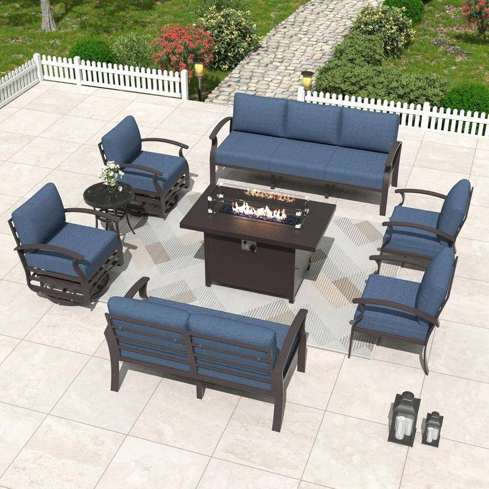 9-Piece Aluminum Patio Conversation Set with armrest, Firepit Table, Swivel Rocking Chairs and Navy Blue Cushions price history on PriceWatchPro