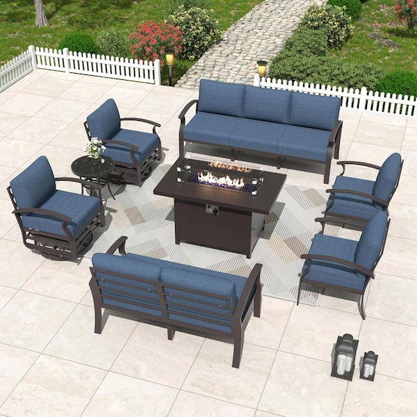 Halmuz 9-Piece Aluminum Patio Conversation Set with armrest, Firepit Table, Swivel Rocking Chairs and Navy Blue Cushions
