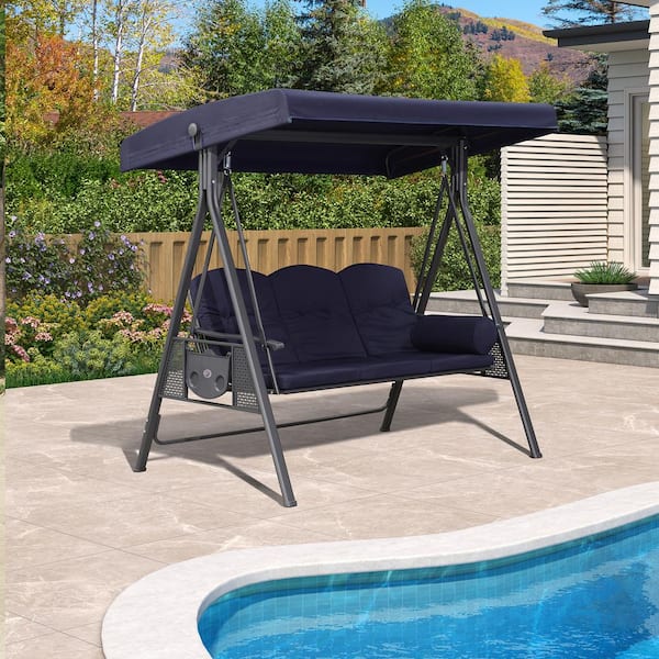 PURPLE LEAF 3-Person All-Weather Steel Frame Porch Swing with Adjustable Tilt Canopy, Cushions and Pillow Included, Navy Blue