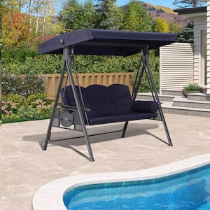 2-Person All-Weather Steel Frame Porch Swing Adjustable Tilt Canopy, Cushions and Pillow Included, Navy Blue