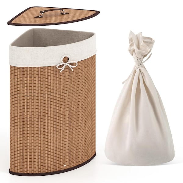 Yellow 14.5 in. x 24 in. Bamboo Decorative Basket with Lid and Removable Liner Bag