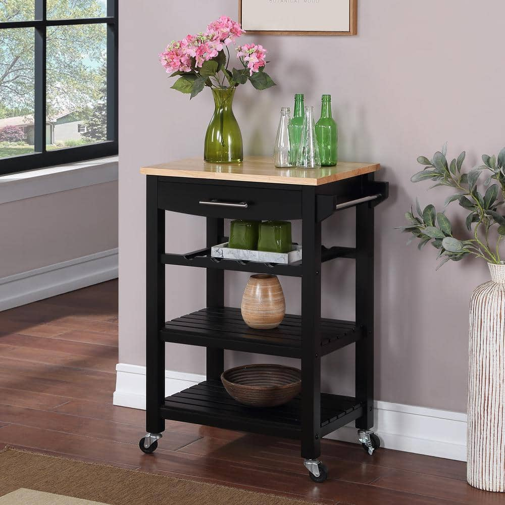 Convenience Concepts Ellaine Black/Butcher Block Kitchen Cart with Wine ...