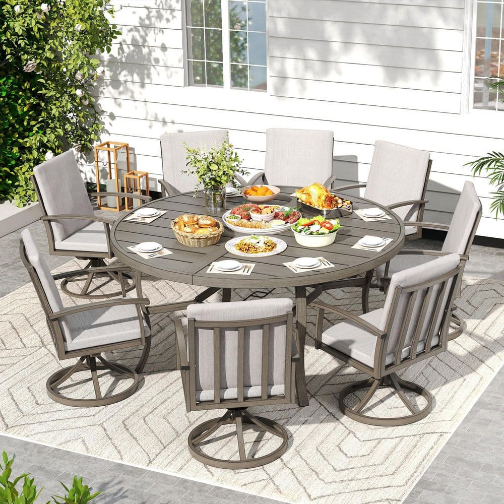 AluLux 9-Piece Gray Aluminum Outdoor Dining Set with 8 Swivel Dining Chairs, Round Table and Washable Gray Cushions price history on PriceWatchPro