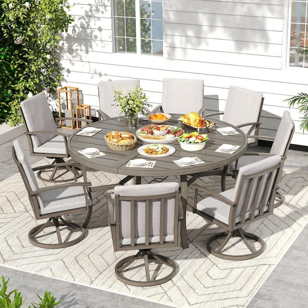 AluLux 9-Piece Gray Aluminum Outdoor Dining Set with 8 Swivel Dining Chairs, Round Table and Washable Gray Cushions