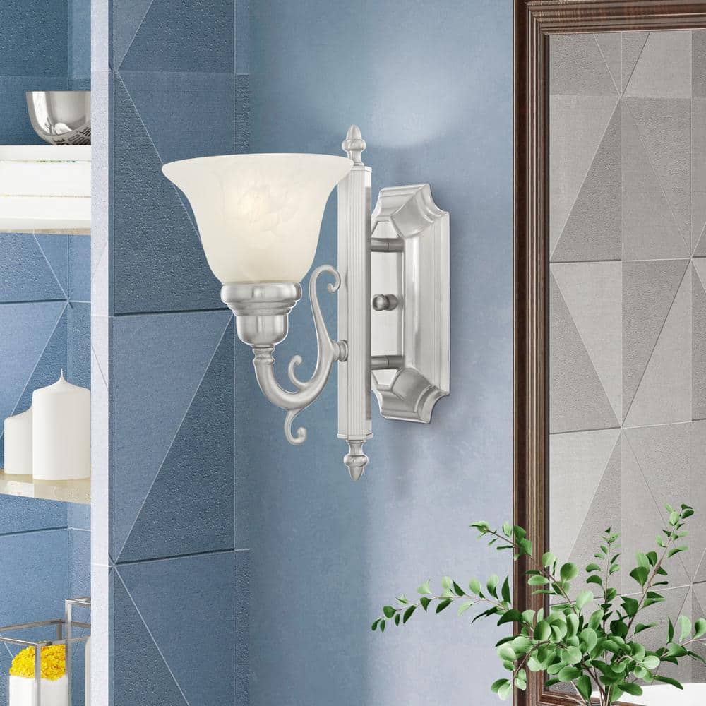 Brushed Nickel Traditional Bathroom Wall Sconce with Alabaster Glass