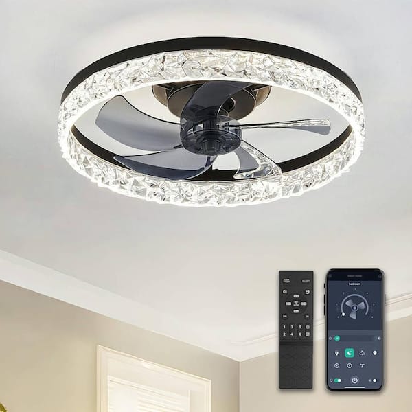 Ltemziiy 20 in. Indoor Modern Black Crystal Flush Mount Ceiling Fan with Light, Dimmable Small LED Ceiling Fan