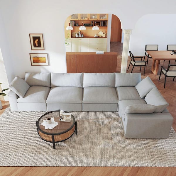 Magic Home Pine Wood Deep Seat 118 in. Square Arm Linen 5-Piece Down Filled Cloud Modular Sectional Sofa in Gray for Living Room