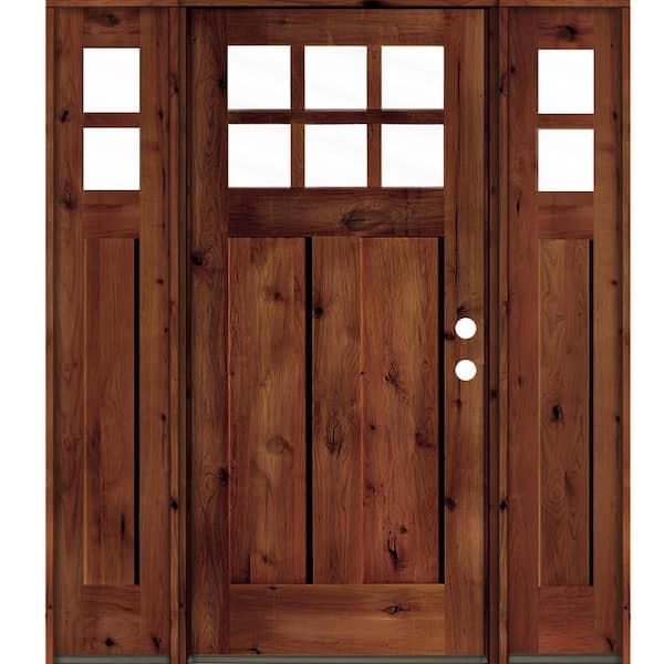 Krosswood Doors 60 in. x 80 in. Knotty Alder Left-Hand/Inswing 6-Lite Clear Glass Red Chestnut Stain Wood Prehung Front Door with DSL