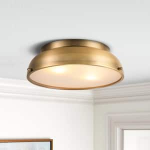 Calico 14.2 in. 2-Light Aged Bronze Modern Transitional Flush Mount with Frosted Glass Cone Shade