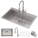 Loften Center All-in-One Dual Mount Stainless Steel 33in. Single Bowl Kitchen Sink with Stainless Steel Pull Down Faucet