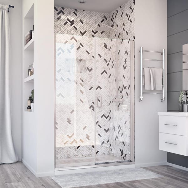 Holcam Distinctive Elite 41 in. W x 71.375 in. H Semi-Frameless Hinged Shower Door and Inline Panel in Brushed Nickel