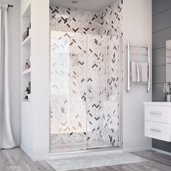 Holcam Distinctive Elite 42 in. W x 71.375 in. H Semi-Frameless Hinged Shower Door and Inline Panel in Brushed Nickel