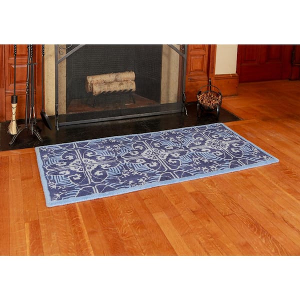 Art Deco Classic Rectangular Hearth Rug, 56 Inch Long, Prussian Blue