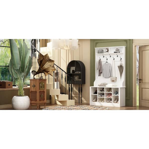 FUFU&GAGA 68.5 in. White Wood 3-in-1 Hall Tree Coat Rack Storage